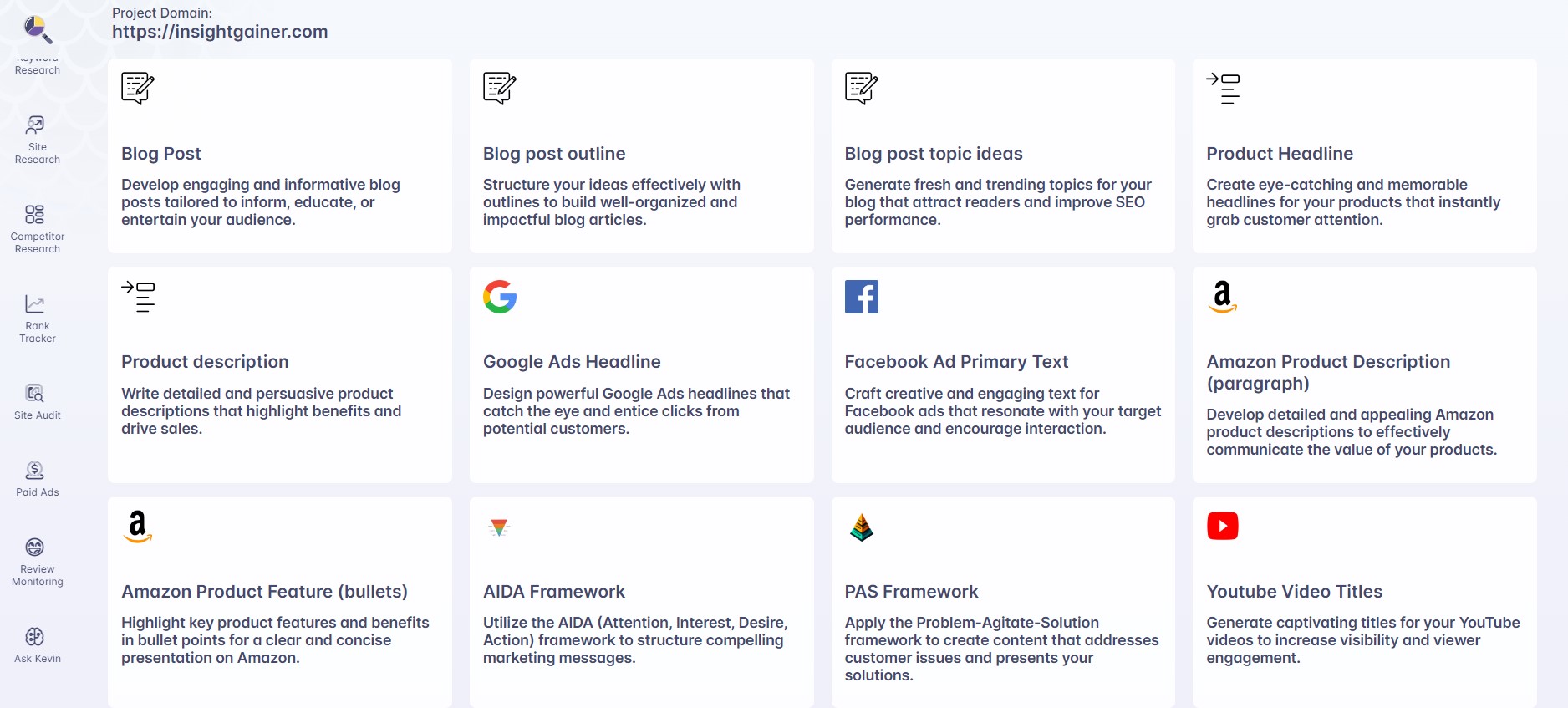 AI Content Optimization, Ask Kevin Template, Insight Gainer